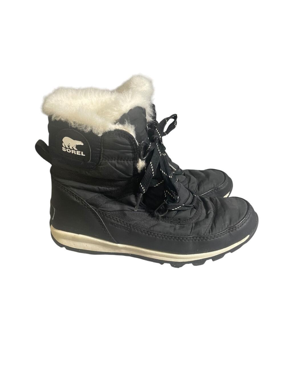 Sorel Women’s Size 6 Black Whitney Short Lace Boots With White Faux Fur Trim